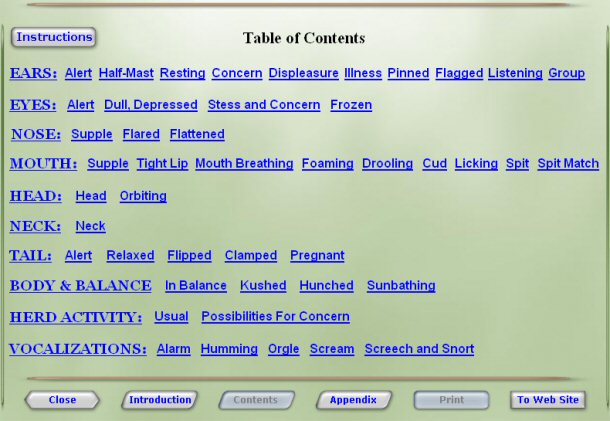 This is a picture of the Table of Contents from ALPACA TALK. It is for demonstration only and has been compressed for displaying on this web page. ALPACA TALK will display on your monitor with a display resolution of 800 x 600. 